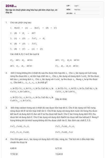 Bài tập về chuỗi phản ứng hóa học phi kim chọn lọc, có đáp án
