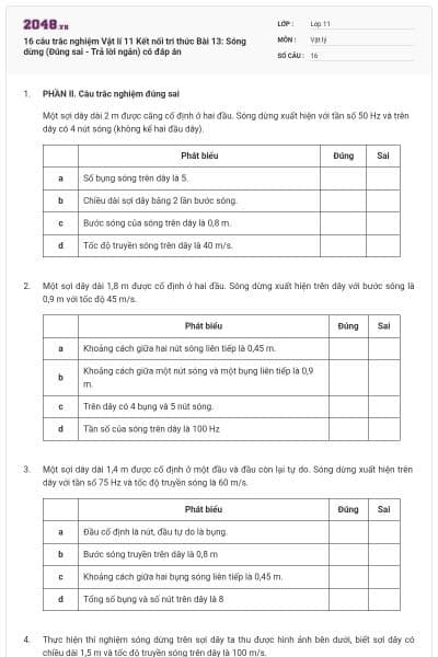 16 câu trắc nghiệm Vật lí 11 Kết nối tri thức Bài 13: Sóng dừng (Đúng sai - Trả lời ngắn) có đáp án