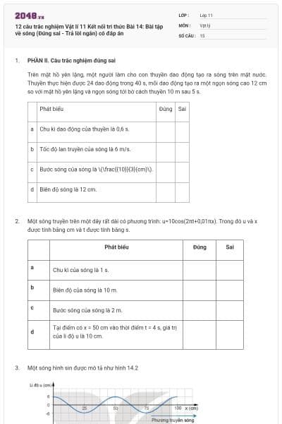 12 câu trắc nghiệm Vật lí 11 Kết nối tri thức Bài 14: Bài tập về sóng (Đúng sai - Trả lời ngắn) có đáp án