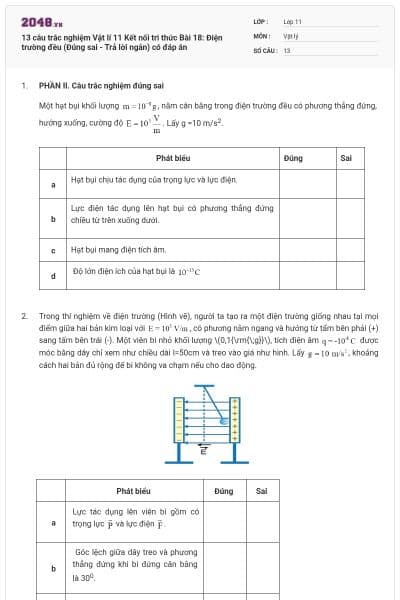 13 câu trắc nghiệm Vật lí 11 Kết nối tri thức Bài 18: Điện trường đều (Đúng sai - Trả lời ngắn) có đáp án