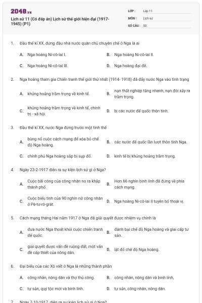 Lịch sử 11 (Có đáp án) Lịch sử thế giới hiện đại (1917-1945) (P1)