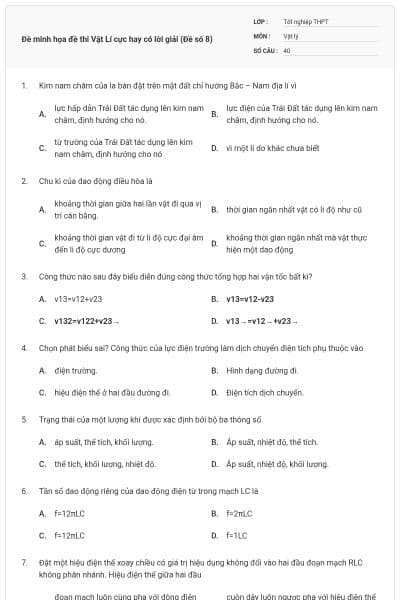 Đề minh họa đề thi Vật Lí cực hay có lời giải (Đề số 8)