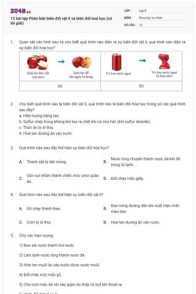 12 bài tập Phân biệt biến đổi vật lí và biến đổi hoá học (có lời giải)