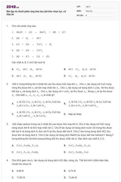 Bài tập về chuỗi phản ứng hóa học phi kim chọn lọc, có đáp án
