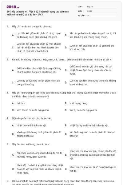 Bộ 3 đề thi giữa kì 1 Vật lí 12 Chân trời sáng tạo cấu trúc mới (có tự luận) có đáp án - Đề 3