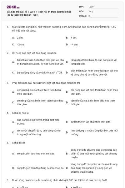Bộ 3 đề thi cuối kì 1 Vật lí 11 Kết nối tri thức cấu trúc mới (có tự luận) có đáp án - Đề 1