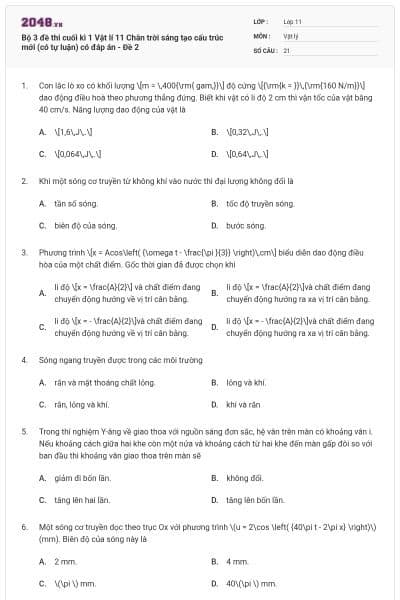 Bộ 3 đề thi cuối kì 1 Vật lí 11 Chân trời sáng tạo cấu trúc mới (có tự luận) có đáp án - Đề 2