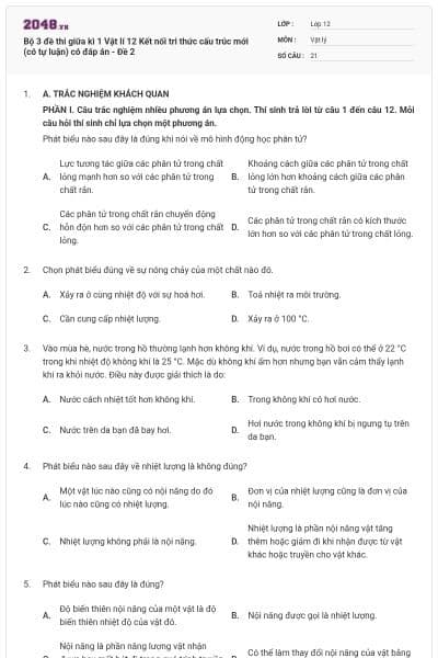 Bộ 3 đề thi giữa kì 1 Vật lí 12 Kết nối tri thức cấu trúc mới (có tự luận) có đáp án - Đề 2