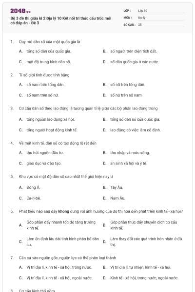 Bộ 3 đề thi giữa kì 2 Địa lý 10 Kết nối tri thức cấu trúc mới có đáp án - Đề 3
