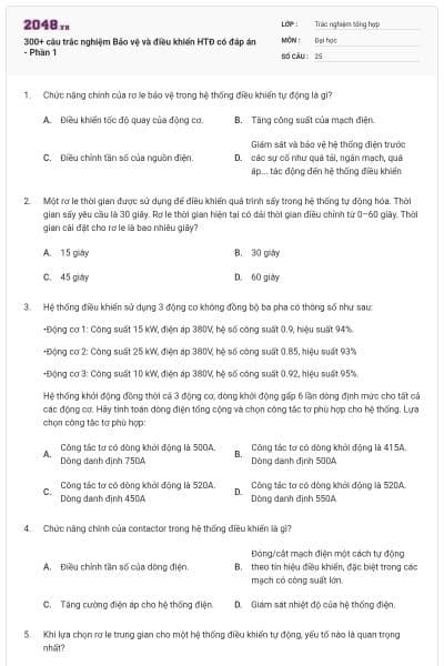 300+ câu trắc nghiệm Bảo vệ và điều khiển HTĐ có đáp án - Phần 1