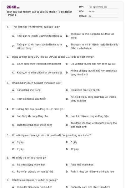 300+ câu trắc nghiệm Bảo vệ và điều khiển HTĐ có đáp án - Phần 3