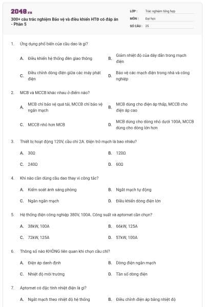 300+ câu trắc nghiệm Bảo vệ và điều khiển HTĐ có đáp án - Phần 5