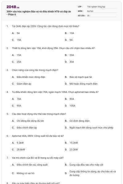 300+ câu trắc nghiệm Bảo vệ và điều khiển HTĐ có đáp án - Phần 6