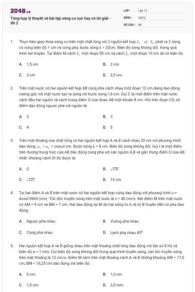 Tổng hợp lý thuyết và bài tập sóng cơ cực hay có  lời giải - đề 2