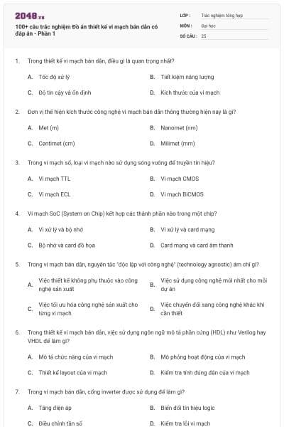 100+ câu trắc nghiệm Đồ án thiết kế vi mạch bán dẫn có đáp án - Phần 1
