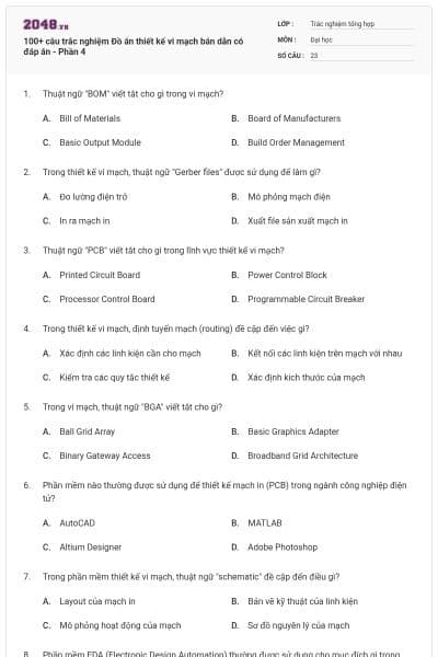 100+ câu trắc nghiệm Đồ án thiết kế vi mạch bán dẫn có đáp án - Phần 4