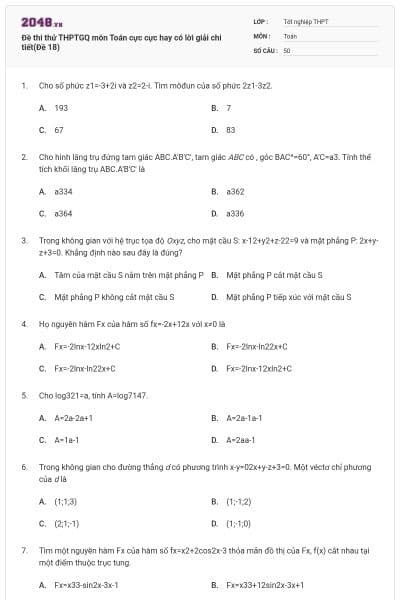 Đề thi thử THPTGQ môn Toán cực cực hay có lời giải chi tiết(Đề 18)