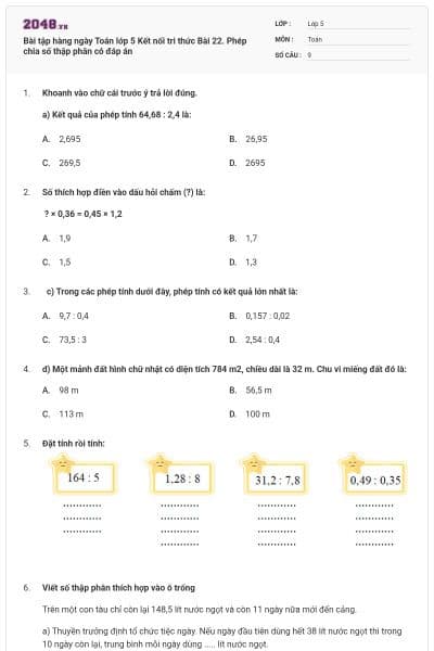 Bài tập hàng ngày Toán lớp 5 Kết nối tri thức Bài 22. Phép chia số thập phân có đáp án