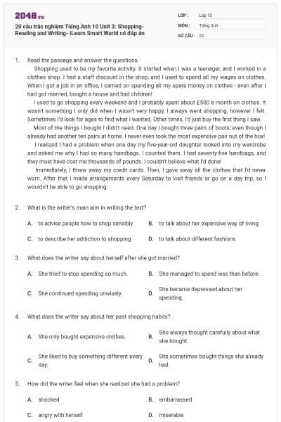 20 câu trắc nghiệm Tiếng Anh 10 Unit 3: Shopping-Reading and Writing- iLearn Smart World có đáp án