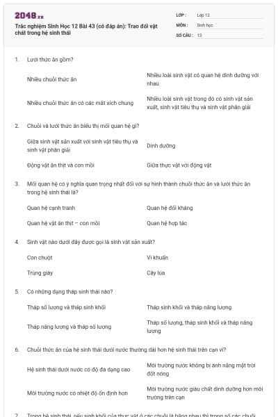 Trắc nghiệm Sinh Học 12 Bài 43 (có đáp án): Trao đổi vật chất trong hệ sinh thái