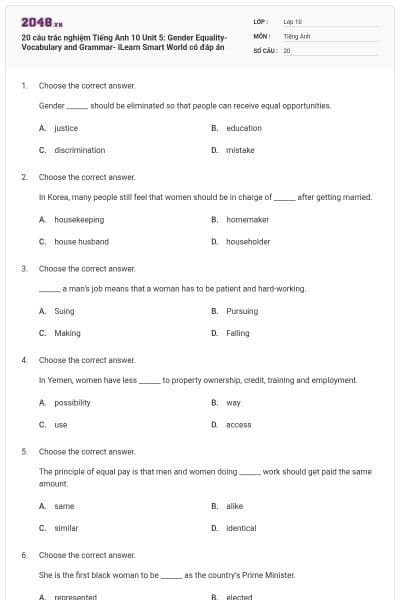 20 câu trắc nghiệm Tiếng Anh 10 Unit 5: Gender Equality-Vocabulary and Grammar- iLearn Smart World có đáp án