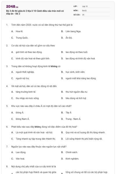 Bộ 3 đề thi giữa kì 2 Địa lí 10 Cánh diều cấu trúc mới có đáp án - Đề 2