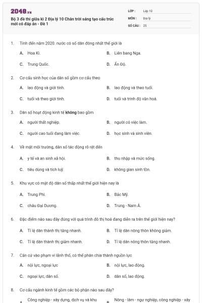 Bộ 3 đề thi giữa kì 2 Địa lý 10 Chân trời sáng tạo cấu trúc mới có đáp án - Đề 1