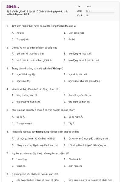 Bộ 3 đề thi giữa kì 2 Địa lý 10 Chân trời sáng tạo cấu trúc mới có đáp án - Đề 3