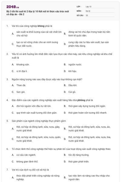 Bộ 3 đề thi cuối kì 2 Địa lý 10 Kết nối tri thức cấu trúc mới có đáp án - Đề 2