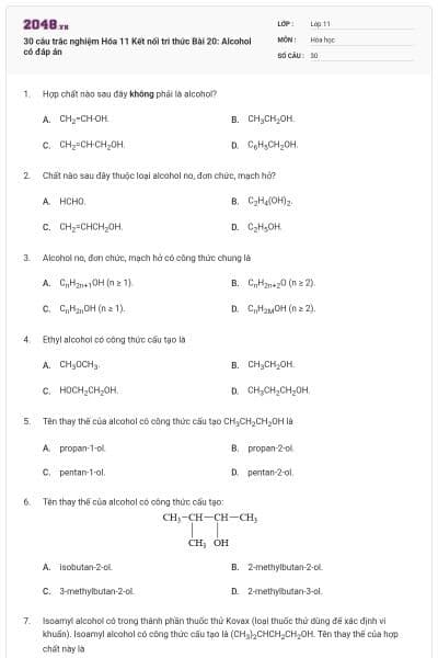 30 câu trắc nghiệm Hóa 11 Kết nối tri thức Bài 20: Alcohol có đáp án