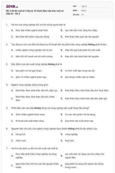 Bộ 3 đề thi cuối kì 2 Địa lý 10 Cánh diều cấu trúc mới có đáp án - Đề 2