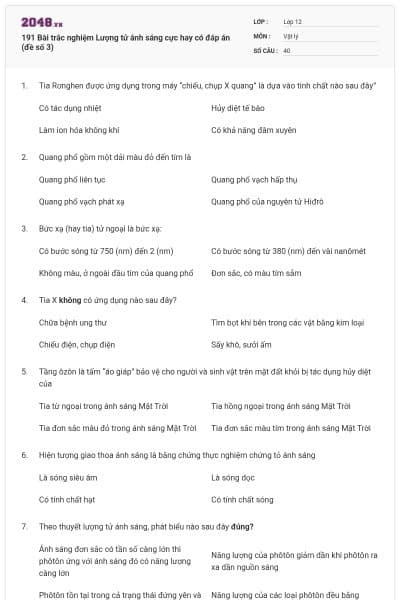 191 Bài trắc nghiệm Lượng tử ánh sáng cực hay có đáp án (đề số 3)