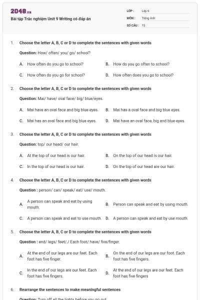 Bài tập Trắc nghiệm Unit 9 Writing có đáp án