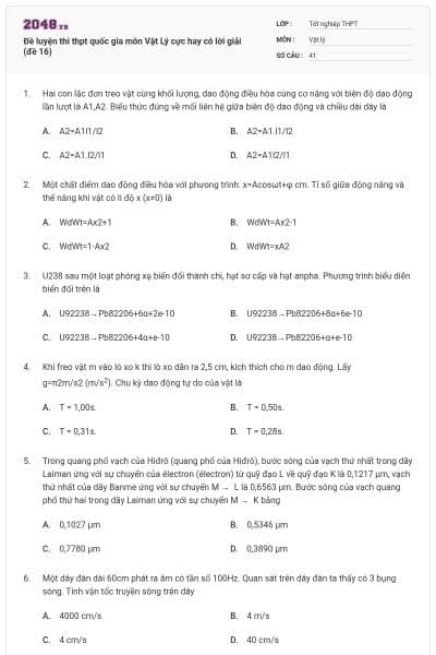 Đề luyện thi thpt quốc gia môn Vật Lý cực hay có lời giải (đề 16)