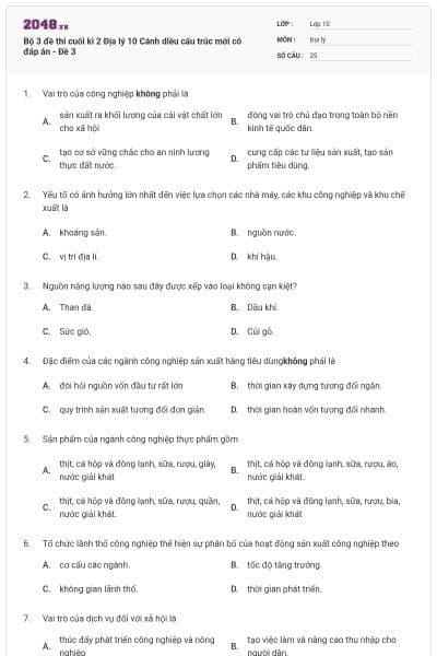 Bộ 3 đề thi cuối kì 2 Địa lý 10 Cánh diều cấu trúc mới có đáp án - Đề 3