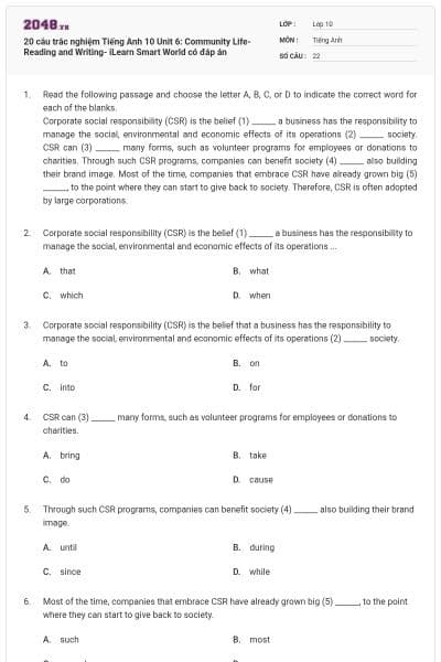 20 câu trắc nghiệm Tiếng Anh 10 Unit 6: Community Life-Reading and Writing- iLearn Smart World có đáp án