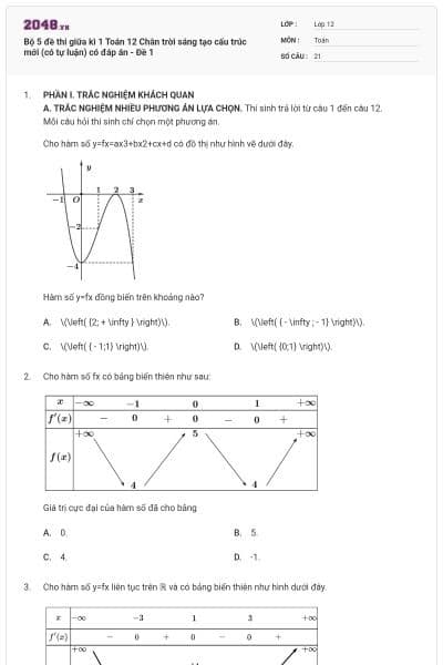 Bộ 5 đề thi giữa kì 1 Toán 12 Chân trời sáng tạo cấu trúc mới (có tự luận) có đáp án - Đề 1