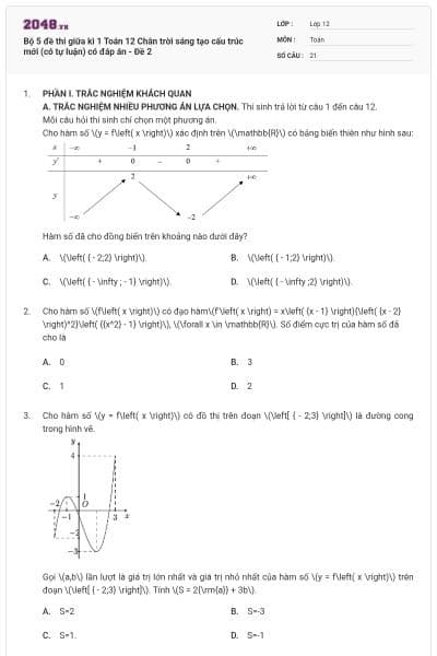 Bộ 5 đề thi giữa kì 1 Toán 12 Chân trời sáng tạo cấu trúc mới (có tự luận) có đáp án - Đề 2