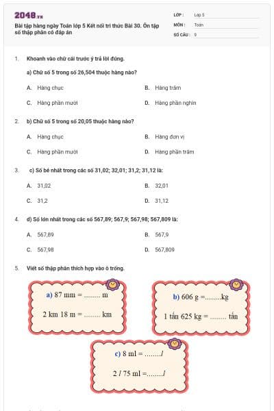 Bài tập hàng ngày Toán lớp 5 Kết nối tri thức Bài 30. Ôn tập số thập phân có đáp án