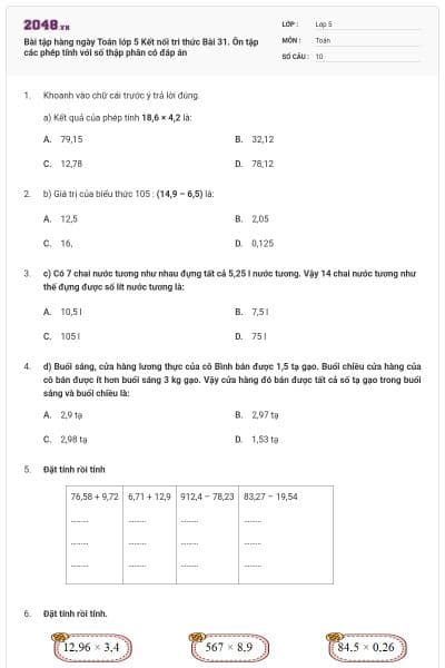 Bài tập hàng ngày Toán lớp 5 Kết nối tri thức Bài 31. Ôn tập các phép tính với số thập phân có đáp án
