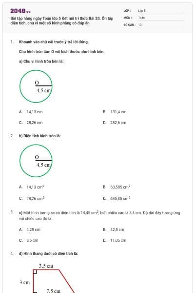 Bài tập hàng ngày Toán lớp 5 Kết nối tri thức Bài 33. Ôn tập diện tích, chu vi một số hình phẳng có đáp án