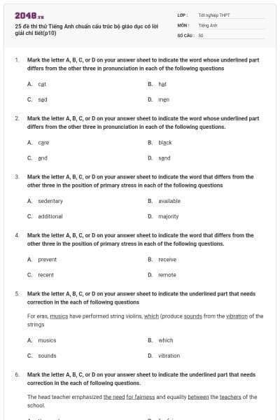 25 đề thi thử Tiếng Anh chuẩn cấu trúc bộ giáo dục có lời giải chi tiết(p10)