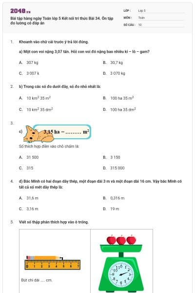 Bài tập hàng ngày Toán lớp 5 Kết nối tri thức Bài 34. Ôn tập đo lường có đáp án