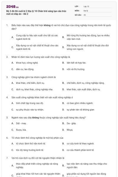 Bộ 3 đề thi cuối kì 2 Địa lý 10 Chân trời sáng tạo cấu trúc mới có đáp án - Đề 2
