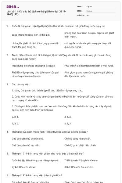Lịch sử 11 (Có đáp án) Lịch sử thế giới hiện đại (1917-1945) (P2)