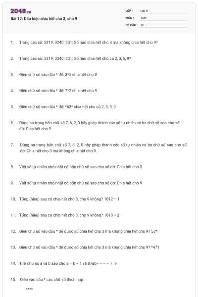 Bài 12: Dấu hiệu chia hết cho 3, cho 9