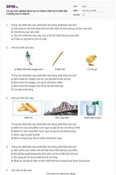 10 câu trắc nghiệm Khoa học tự nhiên 6 Kết nối tri thức Bài 9 (Đúng sai) có đáp án