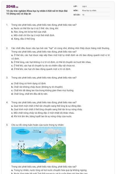 10 câu trắc nghiệm Khoa học tự nhiên 6 Kết nối tri thức Bài 10 (Đúng sai) có đáp án