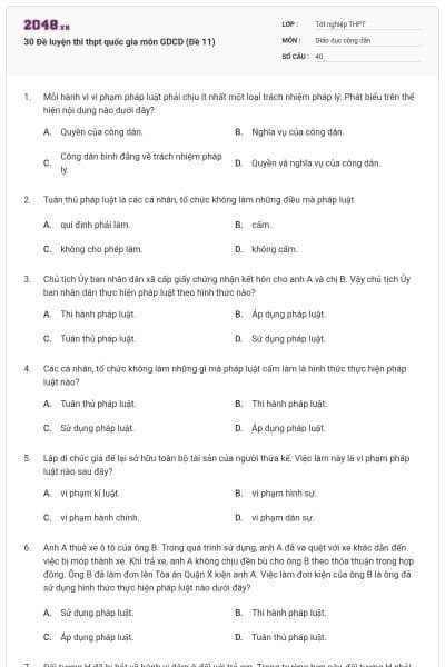 30 Đề luyện thi thpt quốc gia môn GDCD (Đề 11)