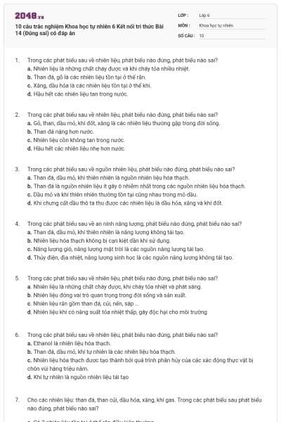 10 câu trắc nghiệm Khoa học tự nhiên 6 Kết nối tri thức Bài 14 (Đúng sai) có đáp án